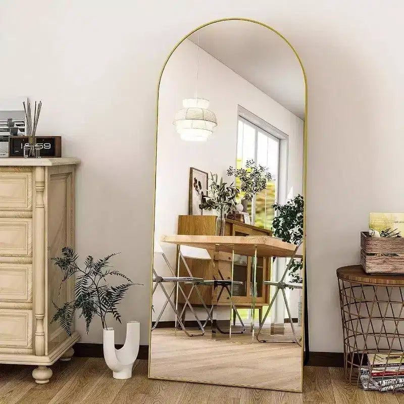 Miroir de 56 po x 21 po pleine longueur en forme d'arche avec cadre en alliage d'aluminium doré, autoportant ou mural, grand miroir de chambre à coucher