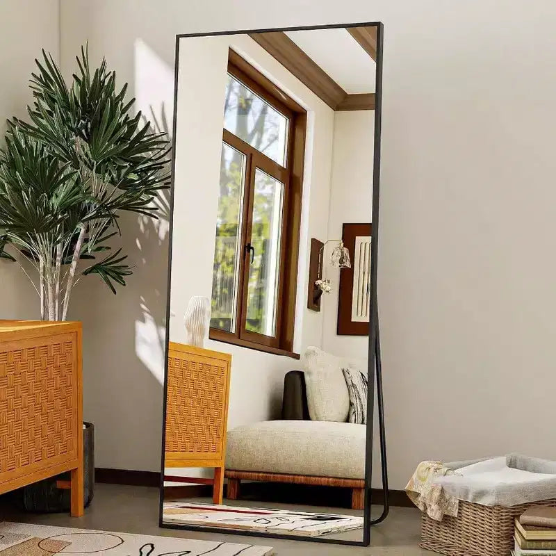 Miroir pleine longueur 21x57 pouces avec support, cadre en alliage d'aluminium noir, à poser, à suspendre ou à appuyer contre un mur