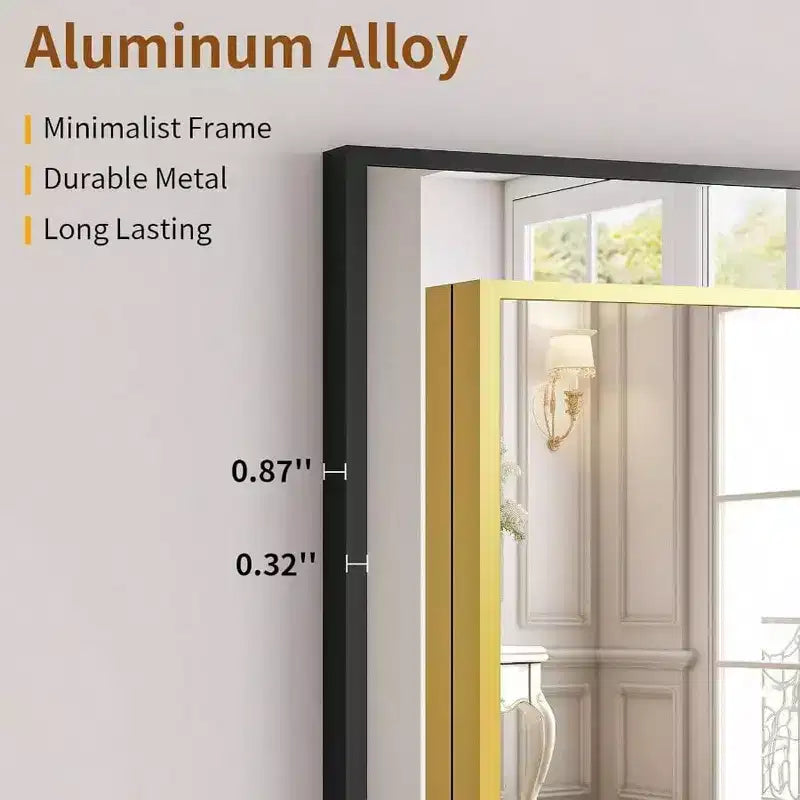 Miroir pleine longueur 21x57 pouces avec support, cadre en alliage d'aluminium noir, à poser, à suspendre ou à appuyer contre un mur