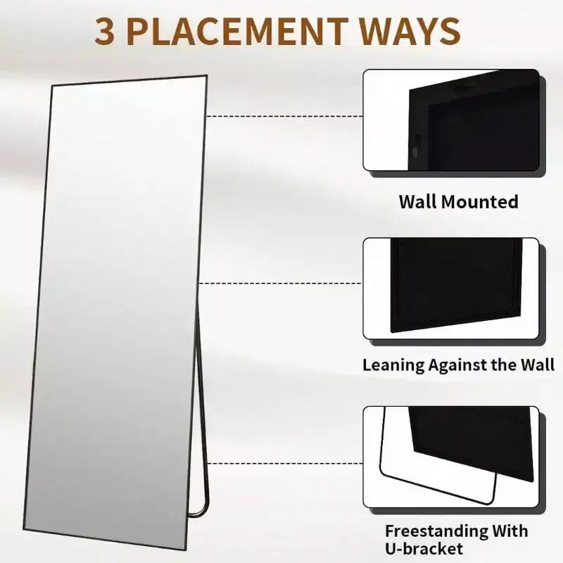 Miroir pleine longueur 21x57 pouces avec support, cadre en alliage d'aluminium noir, à poser, à suspendre ou à appuyer contre un mur