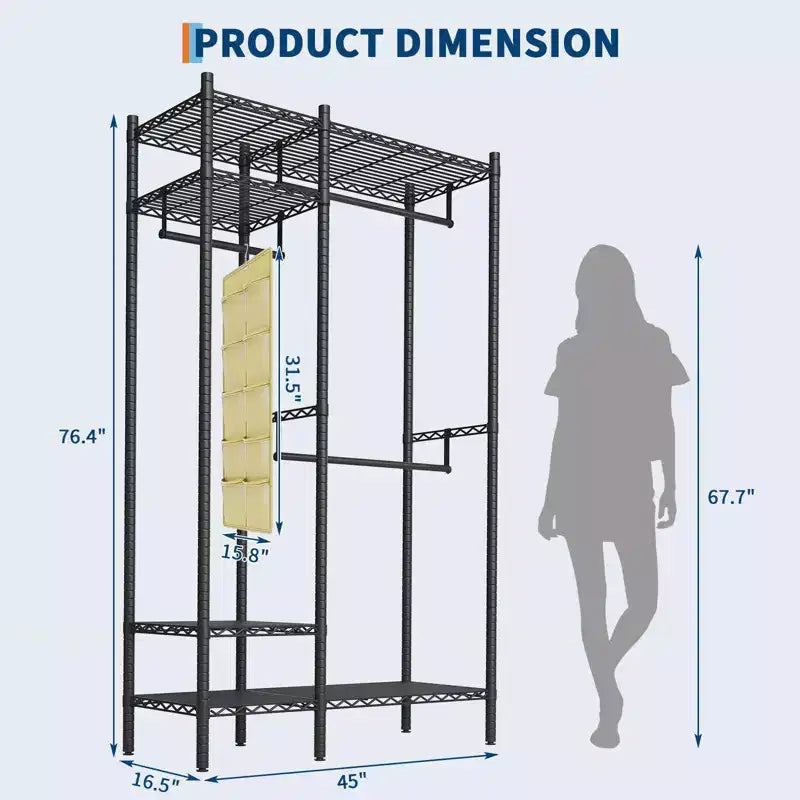 Portant à vêtements en acier robuste avec étagères, système de penderie autoportant réglable, capacité de 385 kg, 114 ou 185 cm de large, noir