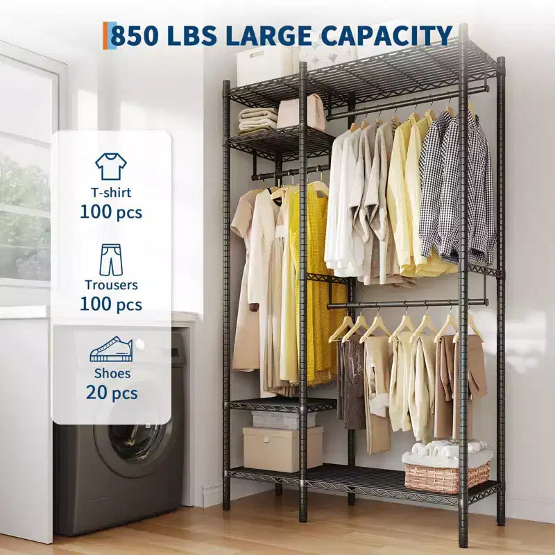 Portant à vêtements en acier robuste avec étagères, système de penderie autoportant réglable, capacité de 385 kg, 114 ou 185 cm de large, noir