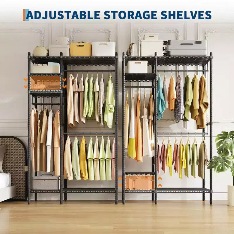 Portant à vêtements en acier robuste avec étagères, système de penderie autoportant réglable, capacité de 385 kg, 114 ou 185 cm de large, noir