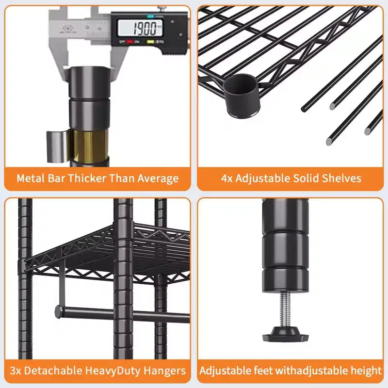 Portant à vêtements en acier robuste avec étagères, système de penderie autoportant réglable, capacité de 385 kg, 114 ou 185 cm de large, noir