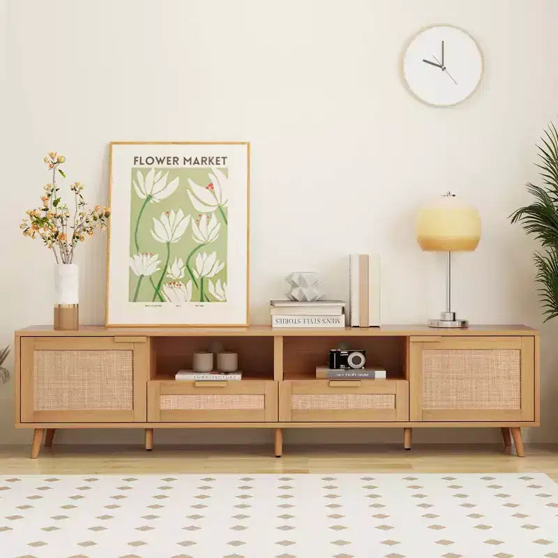 MAYEERTY Rattan TV Stand for TVs up to 85, Modern Farmhouse Media Console, Entertainment Center with Solid Wood Legs for Living Room Beige