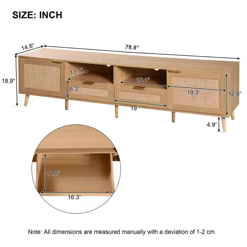 Meuble TV en rotin MAYEERTY pour téléviseurs jusqu'à 85 pouces, console média moderne de style ferme, centre de divertissement avec pieds en bois massif pour salon, beige