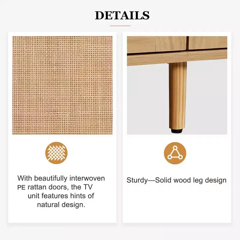 Meuble TV en rotin MAYEERTY pour téléviseurs jusqu'à 85 pouces, console média moderne de style ferme, centre de divertissement avec pieds en bois massif pour salon, beige