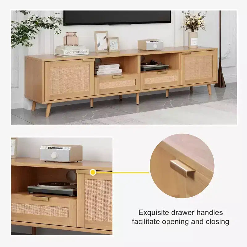 Meuble TV en rotin MAYEERTY pour téléviseurs jusqu'à 85 pouces, console média moderne de style ferme, centre de divertissement avec pieds en bois massif pour salon, beige