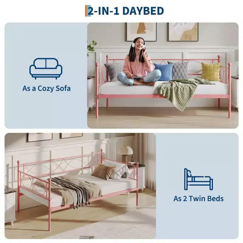 Lit de Repos Jumeau avec Tête de Lit Élégante et Sommier à Lattes en Acier de Qualité Supérieure, Cadre de Lit Gigogne Jumeau Multifonctionnel pour Chambre à Coucher, Salon, Chambre d'Amis