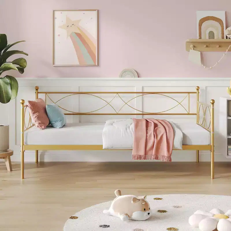 Lit de Repos Jumeau avec Tête de Lit Élégante et Sommier à Lattes en Acier de Qualité Supérieure, Cadre de Lit Gigogne Jumeau Multifonctionnel pour Chambre à Coucher, Salon, Chambre d'Amis