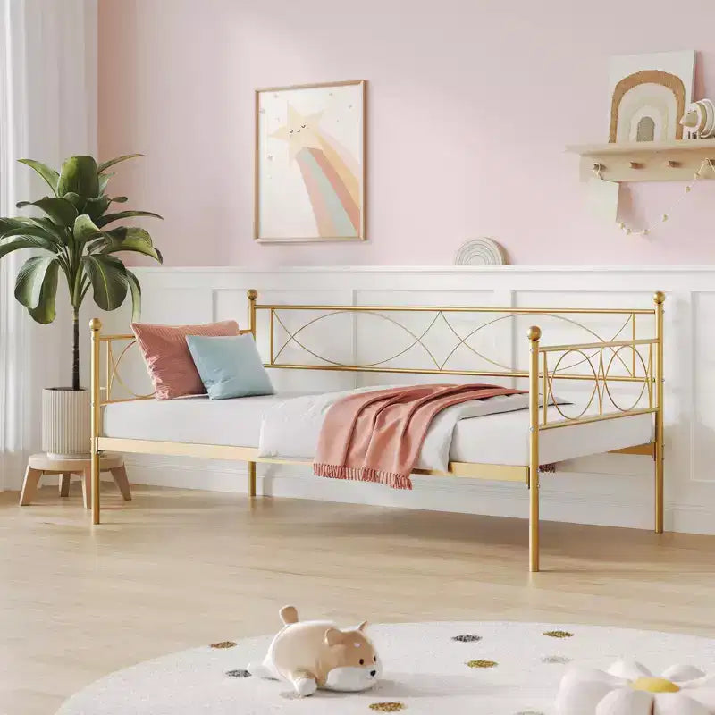 Lit de Repos Jumeau avec Tête de Lit Élégante et Sommier à Lattes en Acier de Qualité Supérieure, Cadre de Lit Gigogne Jumeau Multifonctionnel pour Chambre à Coucher, Salon, Chambre d'Amis
