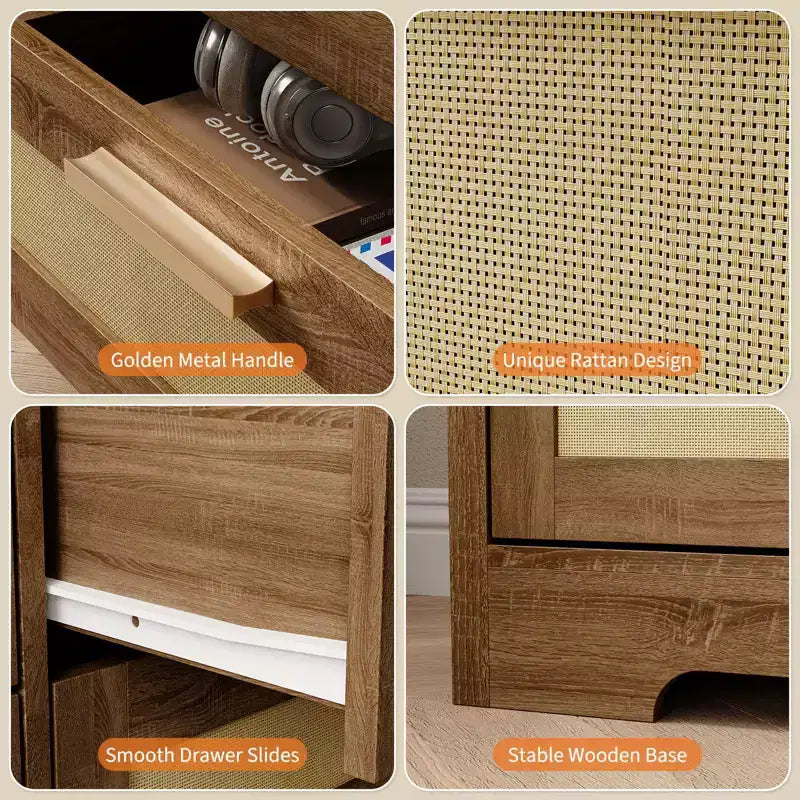 Commode en rotin pour chambre à coucher avec 10 tiroirs, grande commode en bois avec poignées en métal doré, commode large de style bohème pour chambre à coucher ou salon.