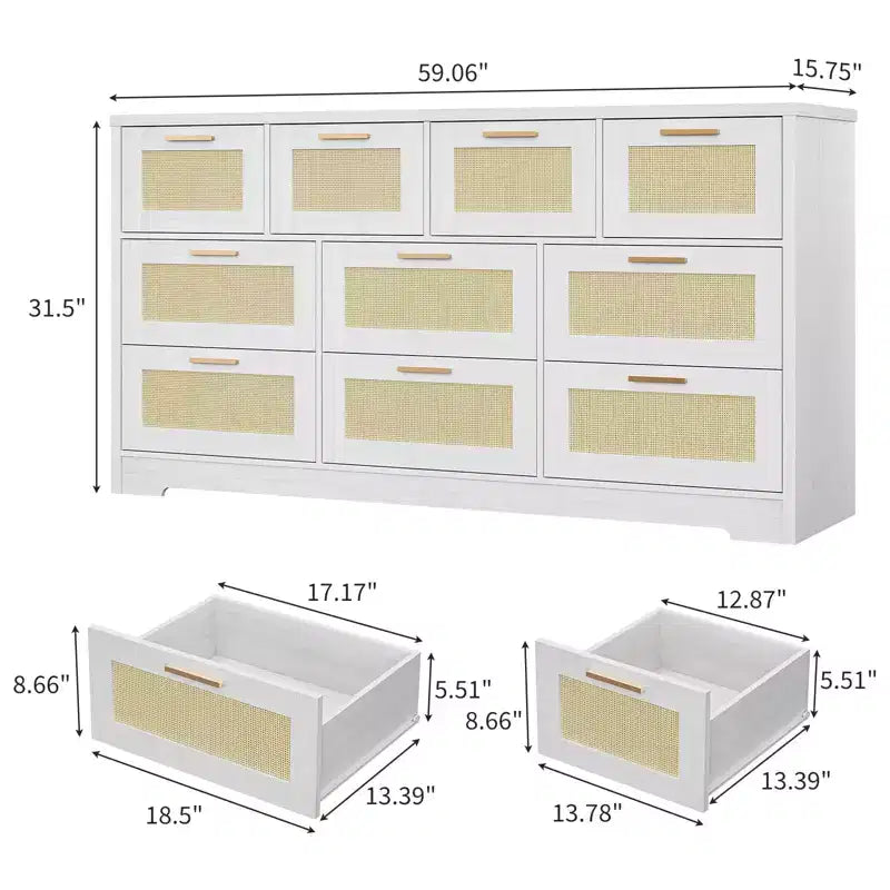 Commode en rotin pour chambre à coucher avec 10 tiroirs, grande commode en bois avec poignées en métal doré, commode large de style bohème pour chambre à coucher ou salon.