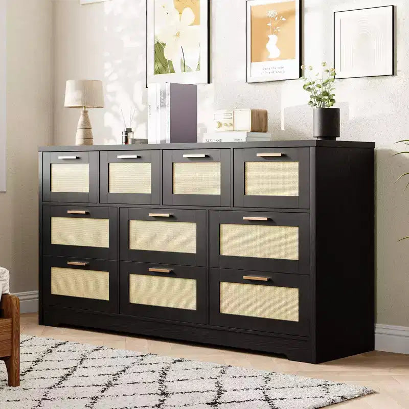 Commode en rotin pour chambre à coucher avec 10 tiroirs, grande commode en bois avec poignées en métal doré, commode large de style bohème pour chambre à coucher ou salon.