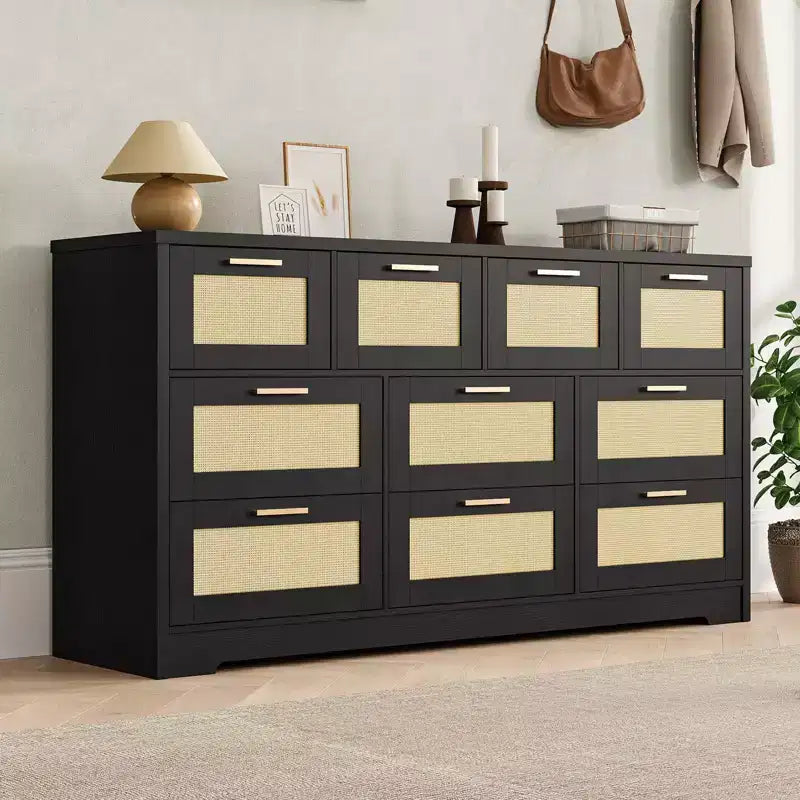 Commode en rotin pour chambre à coucher avec 10 tiroirs, grande commode en bois avec poignées en métal doré, commode large de style bohème pour chambre à coucher ou salon.