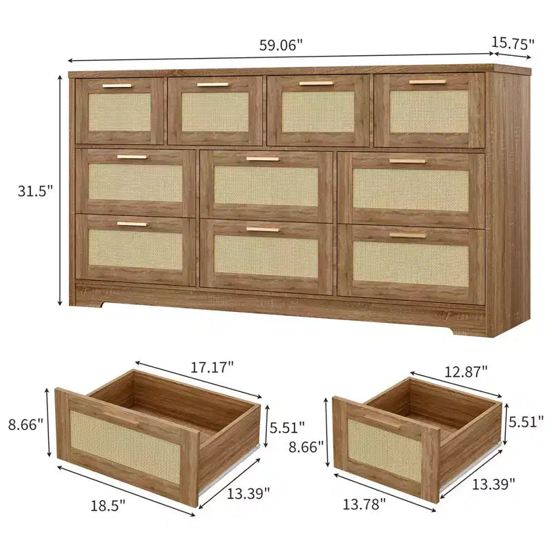 Commode en rotin pour chambre à coucher avec 10 tiroirs, grande commode en bois avec poignées en métal doré, commode large de style bohème pour chambre à coucher ou salon.