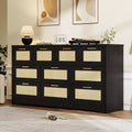 Rattan Dresser for Bedroom with 10 Drawer, Large Wood Chest of Drawers with Gold Metal Handles, Boho Wide Dresser for Bedroom, Living Room