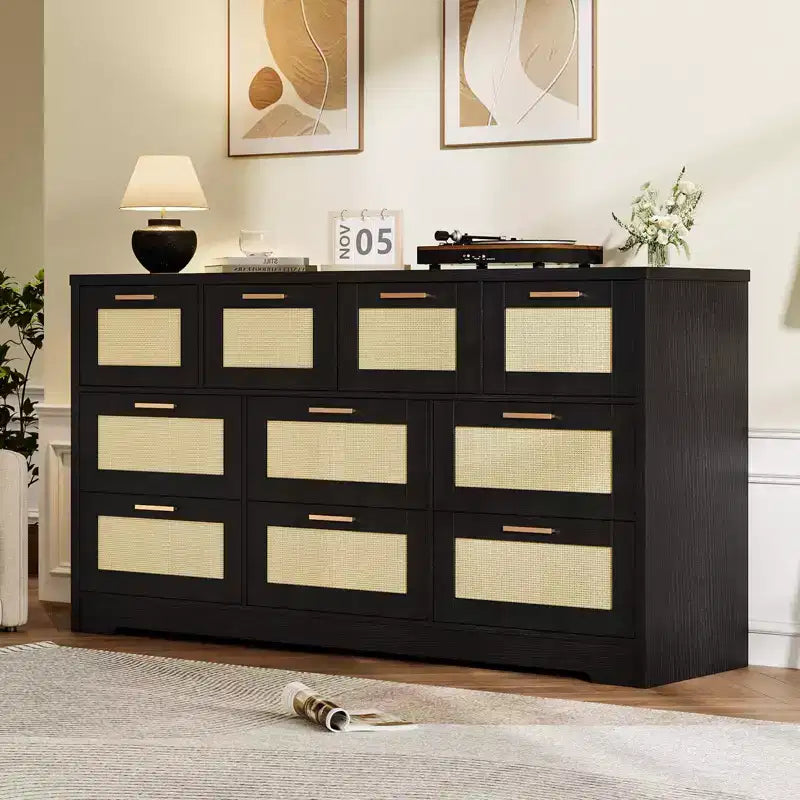 Rattan Dresser for Bedroom with 10 Drawer, Large Wood Chest of Drawers with Gold Metal Handles, Boho Wide Dresser for Bedroom, Living Room