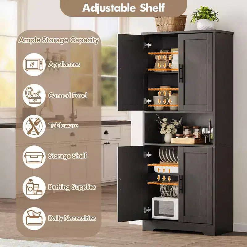Meuble de rangement, armoire de cuisine haute de 178 cm - buffet autoportant à 4 portes avec étagères réglables, noir/gris/blanc