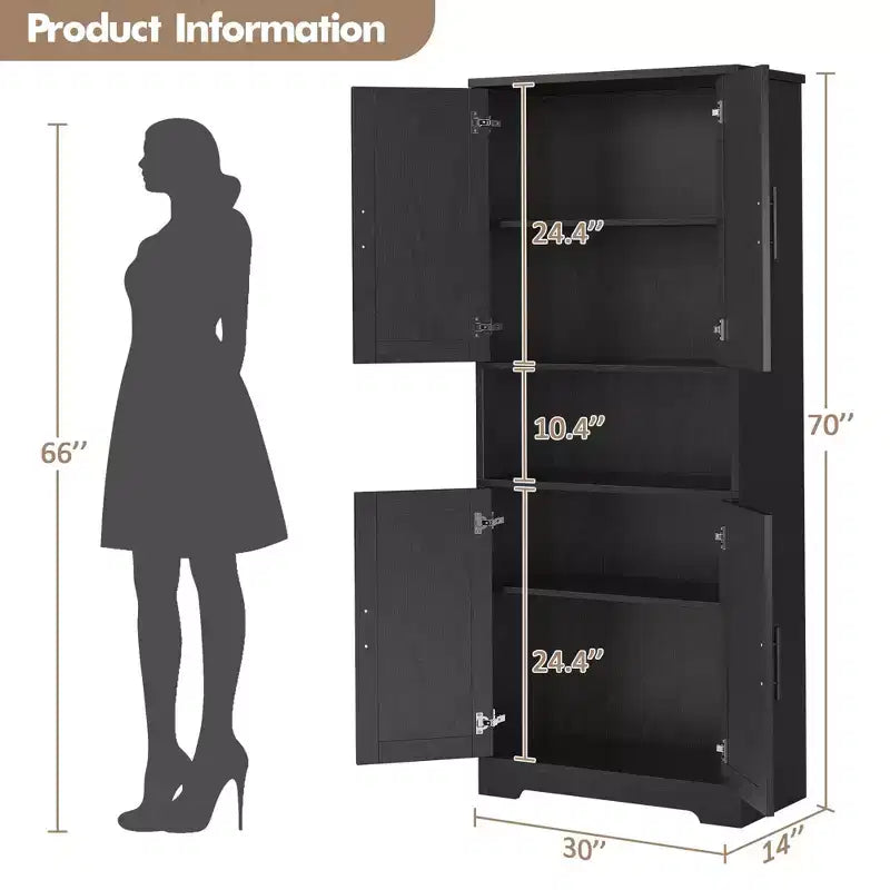 Meuble de rangement, armoire de cuisine haute de 178 cm - buffet autoportant à 4 portes avec étagères réglables, noir/gris/blanc