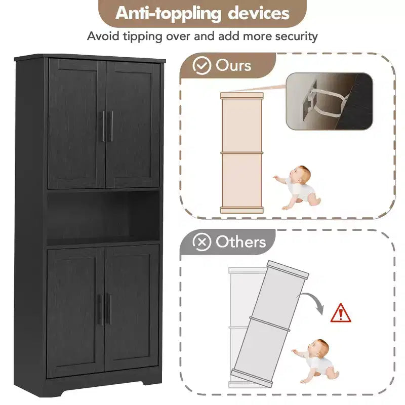 Meuble de rangement, armoire de cuisine haute de 178 cm - buffet autoportant à 4 portes avec étagères réglables, noir/gris/blanc