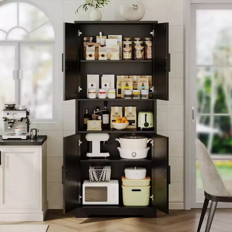 Meuble de rangement, armoire de cuisine haute de 178 cm - buffet autoportant à 4 portes avec étagères réglables, noir/gris/blanc