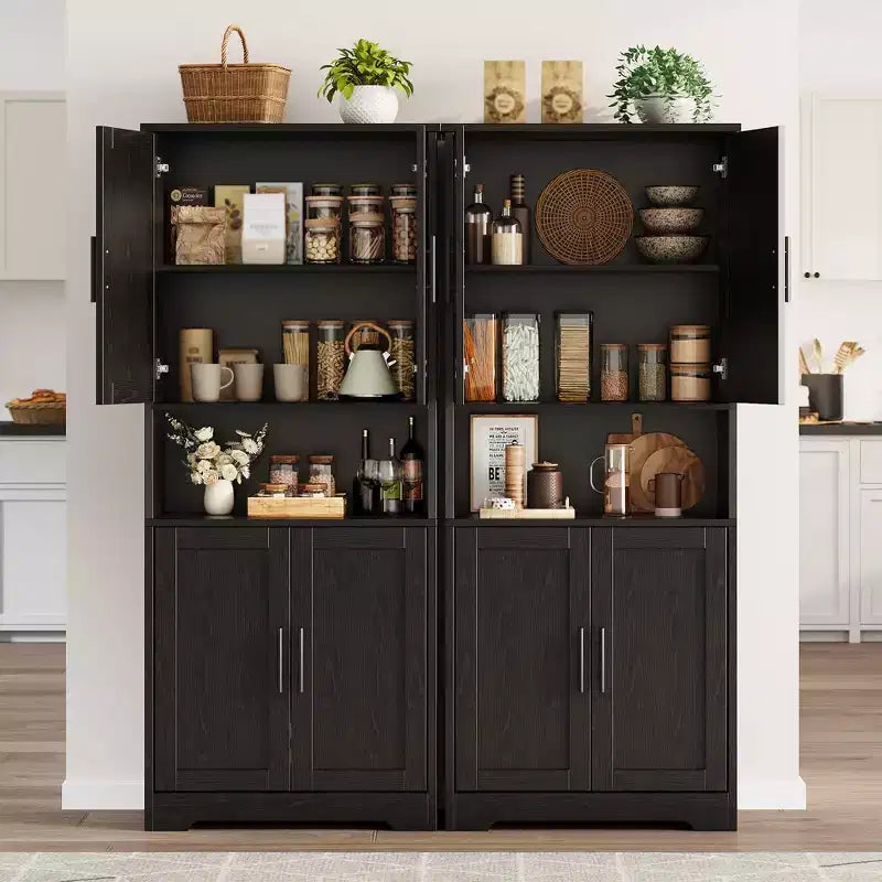 Meuble de rangement, armoire de cuisine haute de 178 cm - buffet autoportant à 4 portes avec étagères réglables, noir/gris/blanc