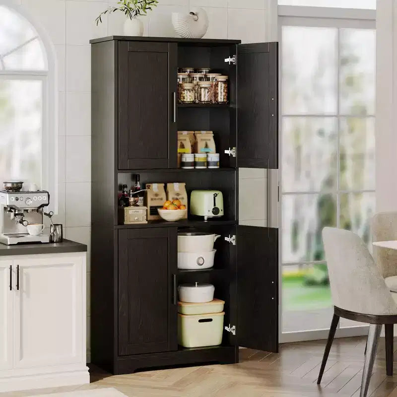 Meuble de rangement, armoire de cuisine haute de 178 cm - buffet autoportant à 4 portes avec étagères réglables, noir/gris/blanc