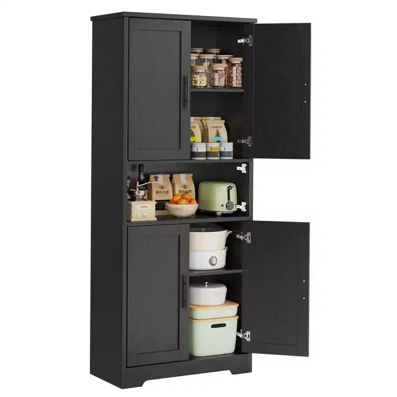 Meuble de rangement, armoire de cuisine haute de 178 cm - buffet autoportant à 4 portes avec étagères réglables, noir/gris/blanc