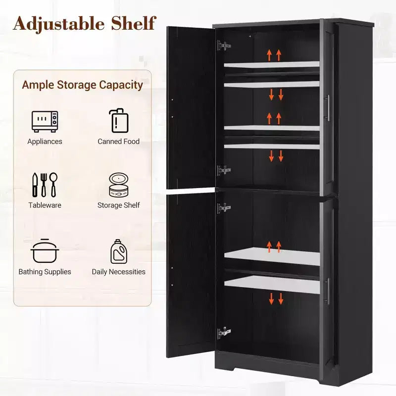 Meuble de rangement, armoire de cuisine haute de 178 cm - buffet autoportant à 4 portes avec étagères réglables, noir/gris/blanc