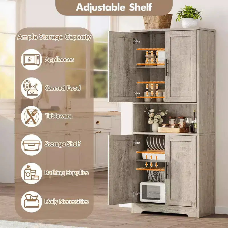 Meuble de rangement, armoire de cuisine haute de 178 cm - buffet autoportant à 4 portes avec étagères réglables, noir/gris/blanc