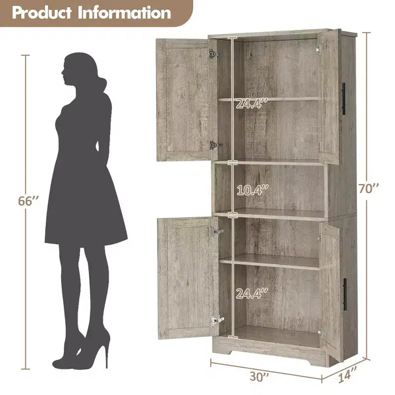 Meuble de rangement, armoire de cuisine haute de 178 cm - buffet autoportant à 4 portes avec étagères réglables, noir/gris/blanc