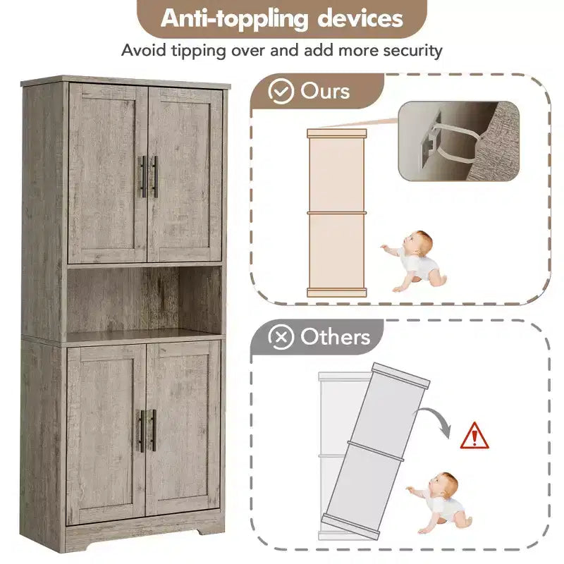 Meuble de rangement, armoire de cuisine haute de 178 cm - buffet autoportant à 4 portes avec étagères réglables, noir/gris/blanc