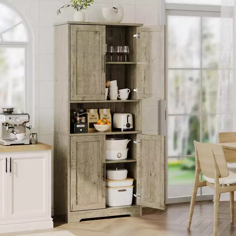 Meuble de rangement, armoire de cuisine haute de 178 cm - buffet autoportant à 4 portes avec étagères réglables, noir/gris/blanc