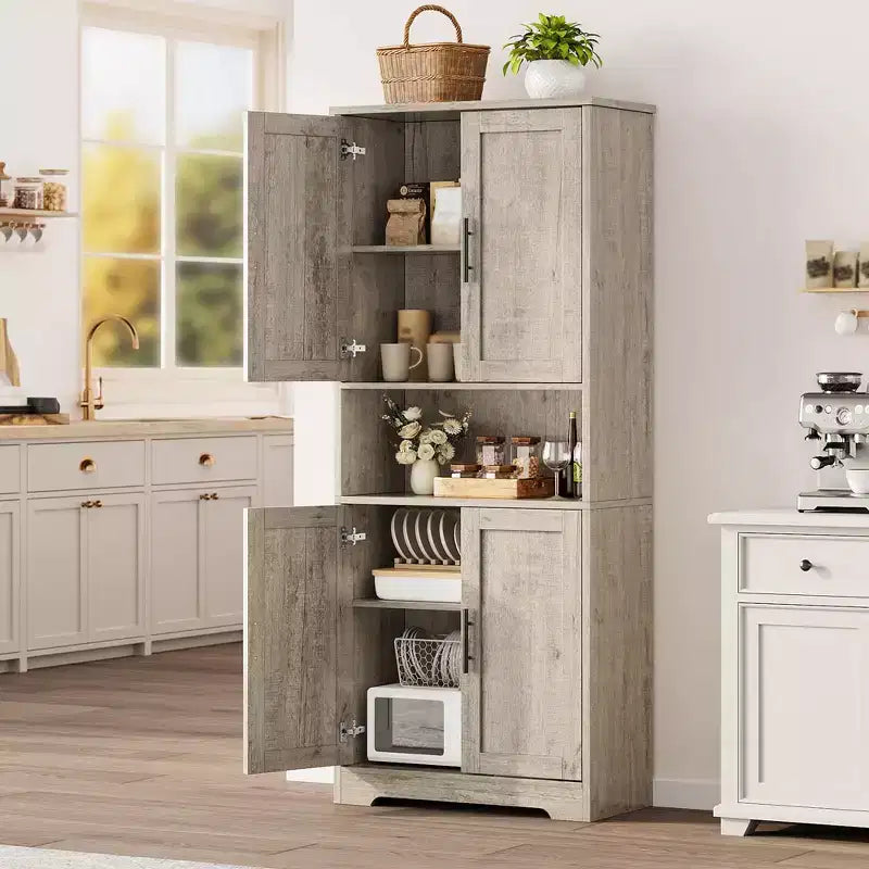 Meuble de rangement, armoire de cuisine haute de 178 cm - buffet autoportant à 4 portes avec étagères réglables, noir/gris/blanc