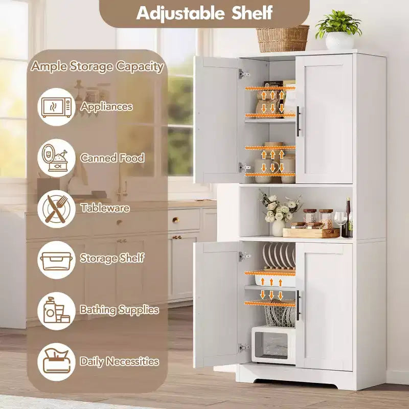Meuble de rangement, armoire de cuisine haute de 178 cm - buffet autoportant à 4 portes avec étagères réglables, noir/gris/blanc
