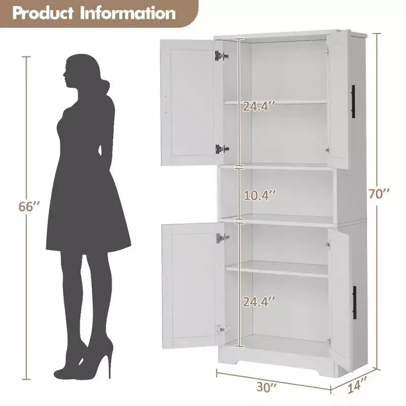 Meuble de rangement, armoire de cuisine haute de 178 cm - buffet autoportant à 4 portes avec étagères réglables, noir/gris/blanc