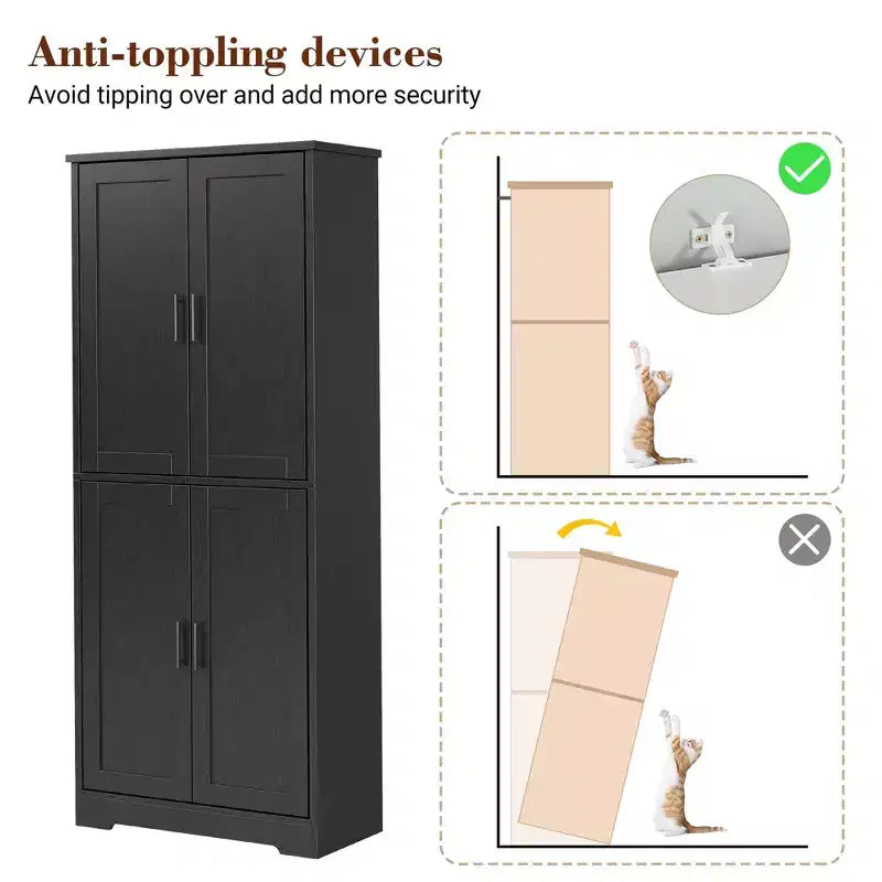 Meuble de rangement, armoire de cuisine haute de 178 cm - buffet autoportant à 4 portes avec étagères réglables, noir/gris/blanc