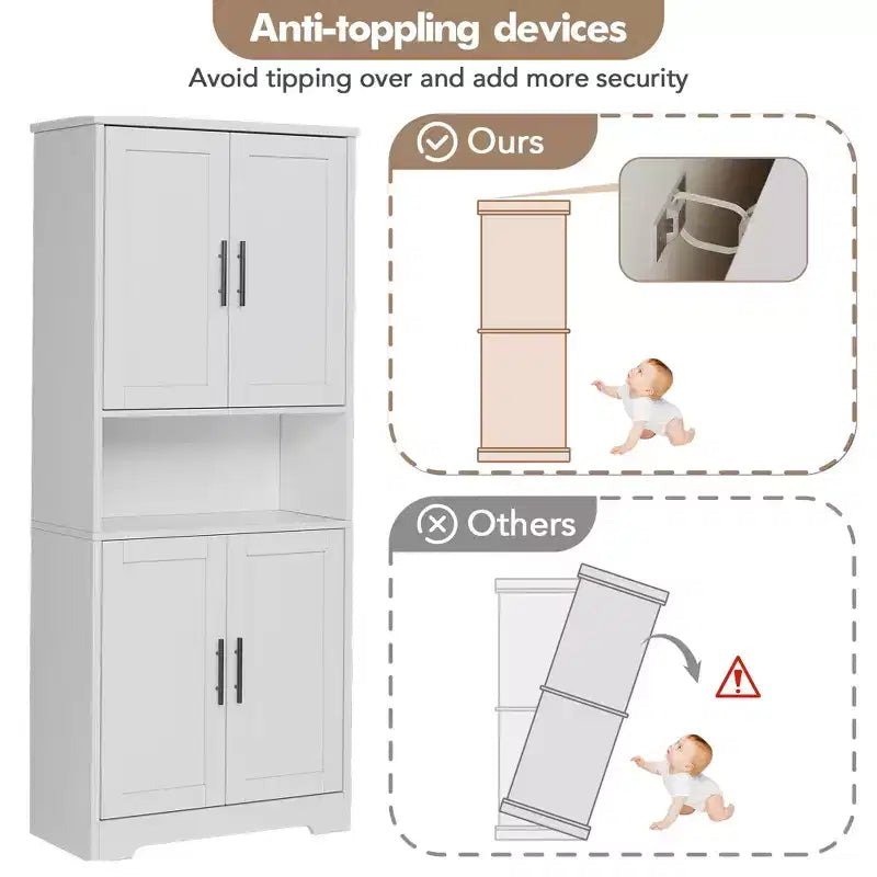 Meuble de rangement, armoire de cuisine haute de 178 cm - buffet autoportant à 4 portes avec étagères réglables, noir/gris/blanc