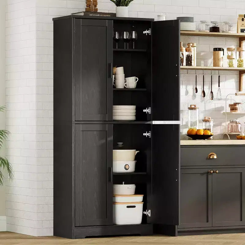 Meuble de rangement, armoire de cuisine haute de 178 cm - buffet autoportant à 4 portes avec étagères réglables, noir/gris/blanc