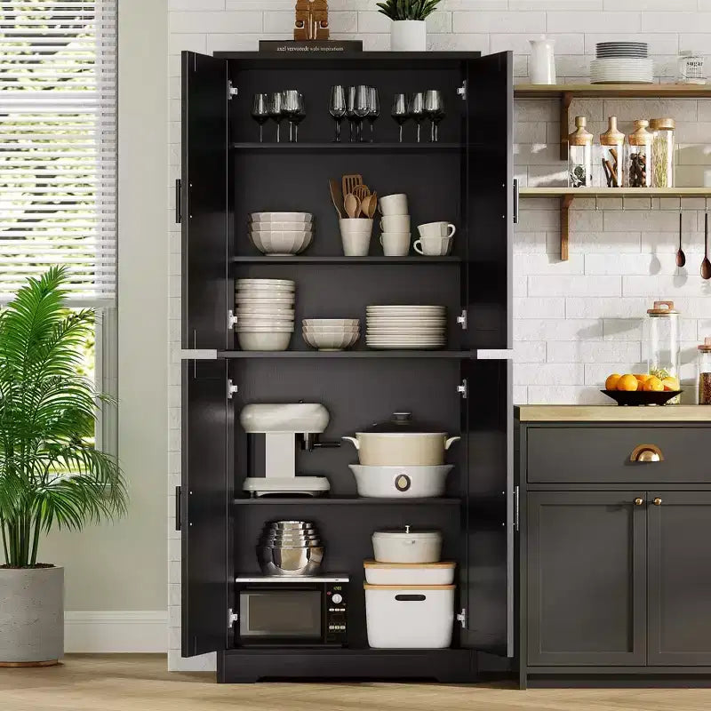 Meuble de rangement, armoire de cuisine haute de 178 cm - buffet autoportant à 4 portes avec étagères réglables, noir/gris/blanc