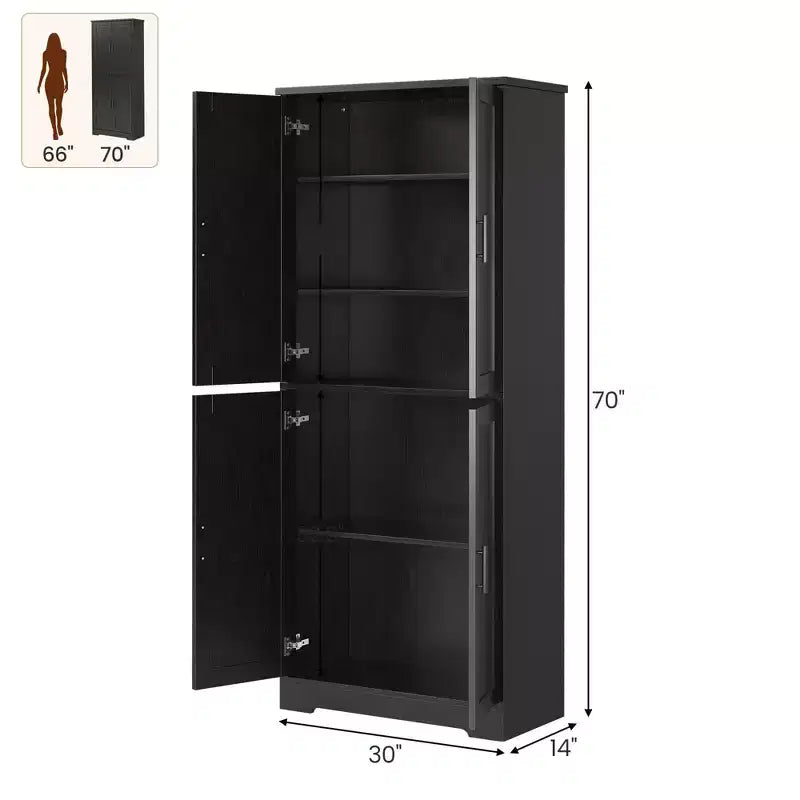 Meuble de rangement, armoire de cuisine haute de 178 cm - buffet autoportant à 4 portes avec étagères réglables, noir/gris/blanc