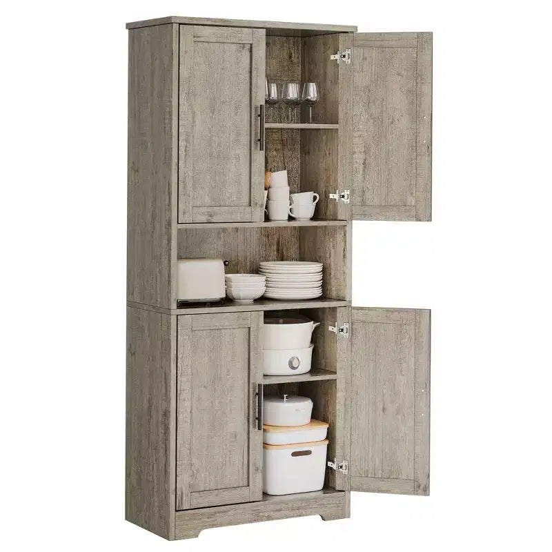 Meuble de rangement, armoire de cuisine haute de 178 cm - buffet autoportant à 4 portes avec étagères réglables, noir/gris/blanc