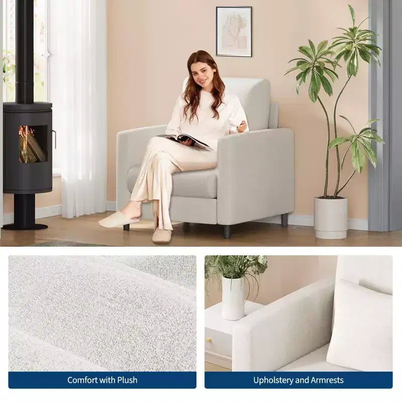 Fauteuil d'appoint de canapé, Fauteuil de lecture 33" pour chambre à coucher, Fauteuils d'appoint de salon avec installation gratuite, Fauteuil confortable pour salon, Coin lecture tout en bois, Beige
