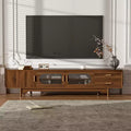 TV Stand for TVs Up to 85, Mid-Century Modern TV Cabinet Media Console Entertainment Center with Fluted Glass Doors & 2 Drawers, Walnut - ModernLuxe