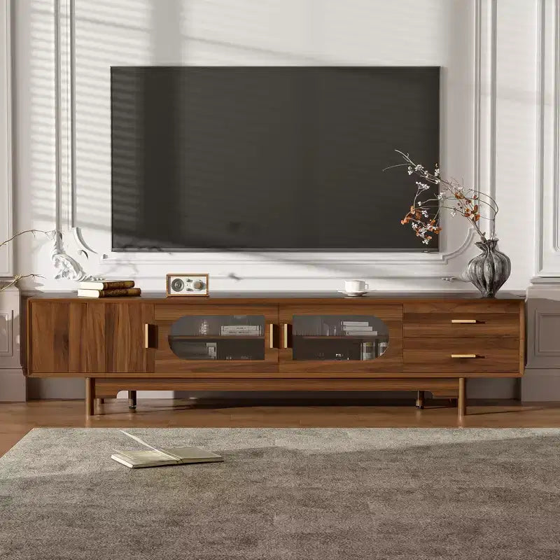 TV Stand for TVs Up to 85, Mid-Century Modern TV Cabinet Media Console Entertainment Center with Fluted Glass Doors & 2 Drawers, Walnut - ModernLuxe