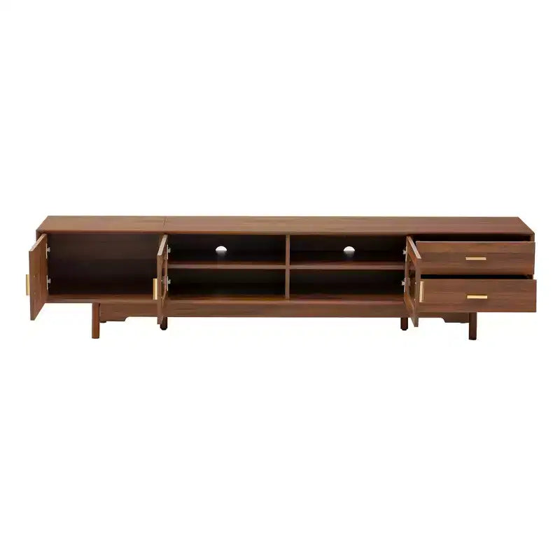 Meuble TV pour téléviseurs jusqu'à 85 pouces, meuble TV console média de style moderne du milieu du siècle avec portes en verre cannelé et 2 tiroirs, Noyer - ModernLuxe