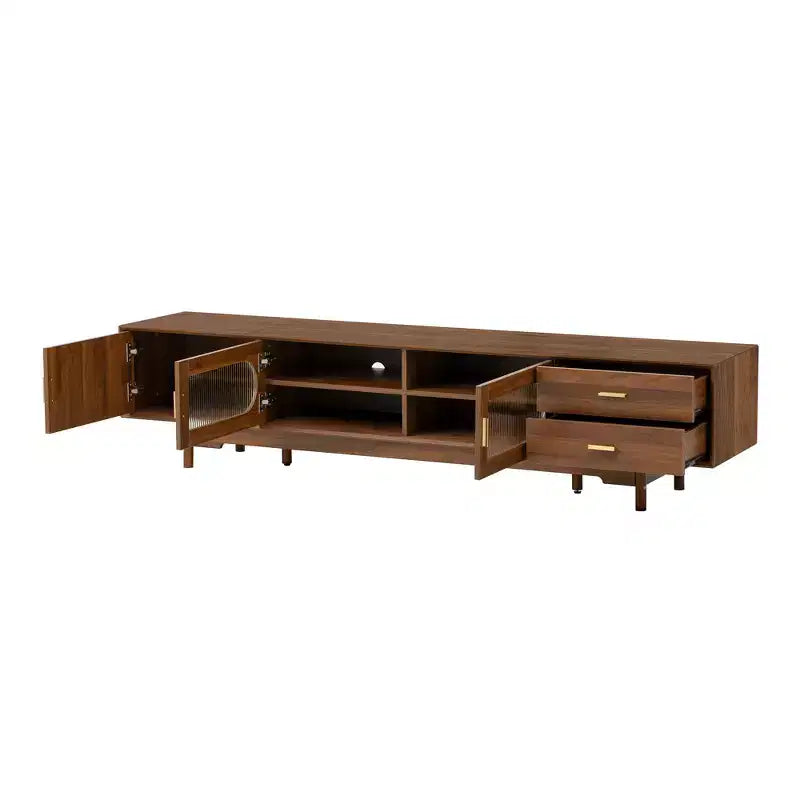 Meuble TV pour téléviseurs jusqu'à 85 pouces, meuble TV console média de style moderne du milieu du siècle avec portes en verre cannelé et 2 tiroirs, Noyer - ModernLuxe