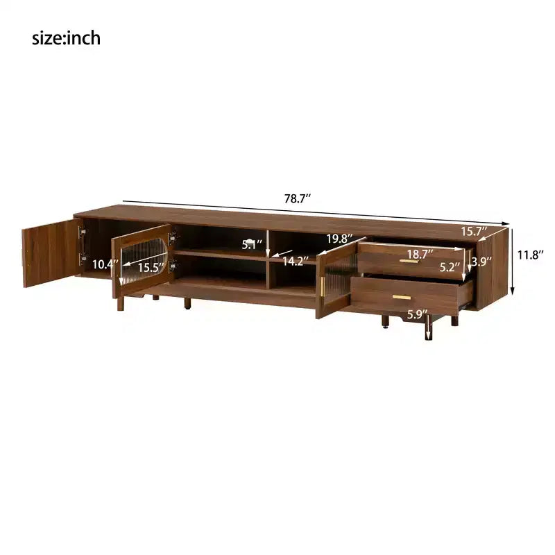 Meuble TV pour téléviseurs jusqu'à 85 pouces, meuble TV console média de style moderne du milieu du siècle avec portes en verre cannelé et 2 tiroirs, Noyer - ModernLuxe