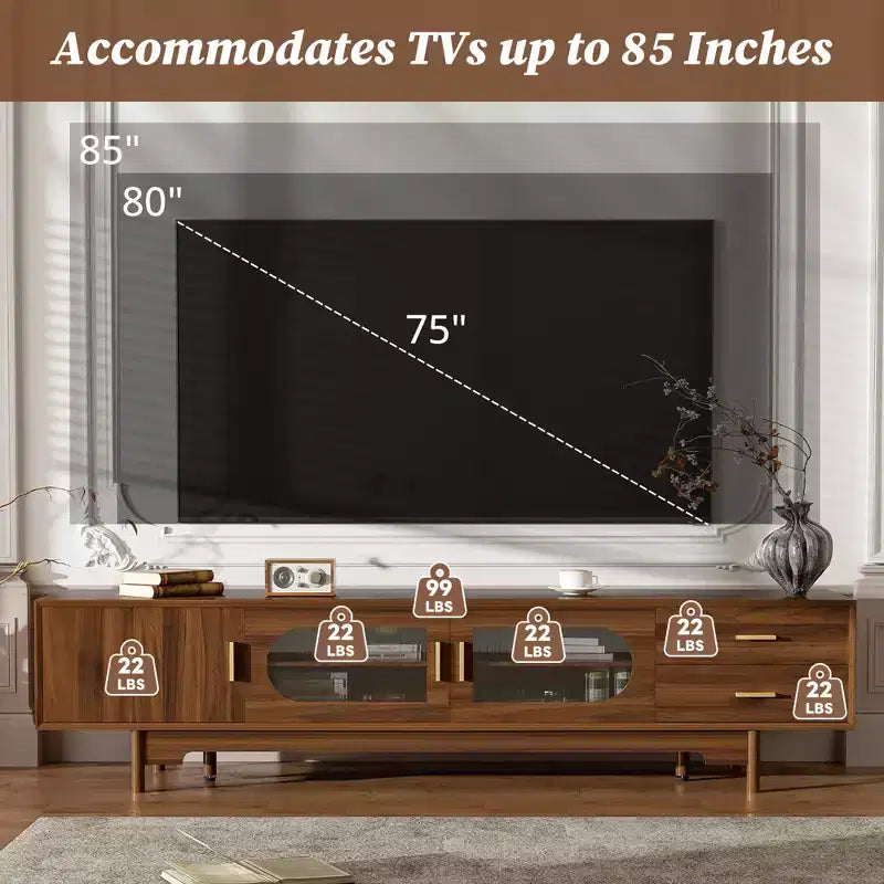 Meuble TV pour téléviseurs jusqu'à 85 pouces, meuble TV console média de style moderne du milieu du siècle avec portes en verre cannelé et 2 tiroirs, Noyer - ModernLuxe